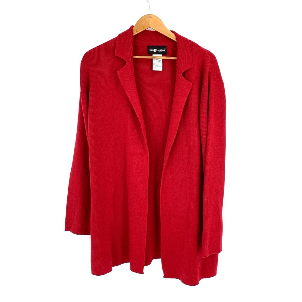 Sag Harbor Women Large Red Long Open‎ Cardigan Cotton Blend